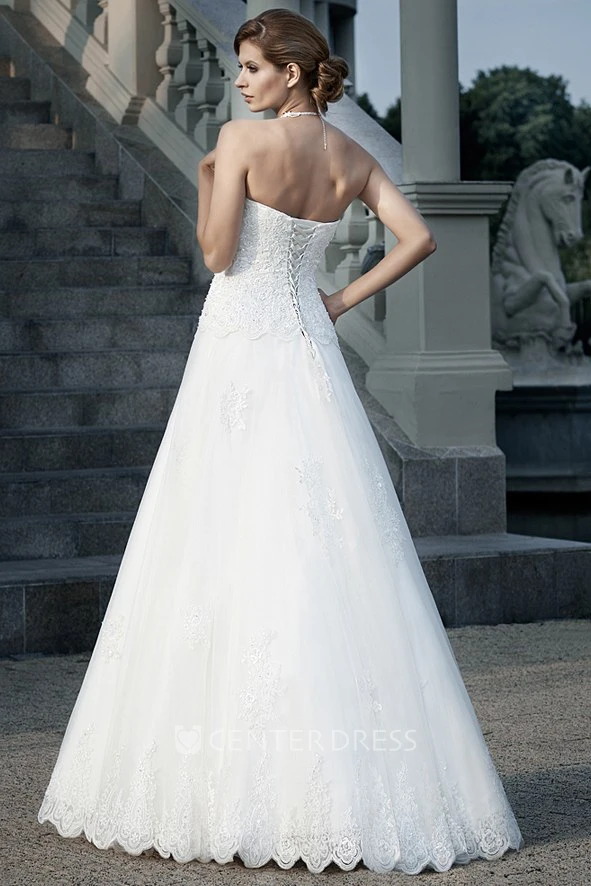 A-Line Appliqued Sleeveless Strapless Floor-Length Lace Wedding Dress