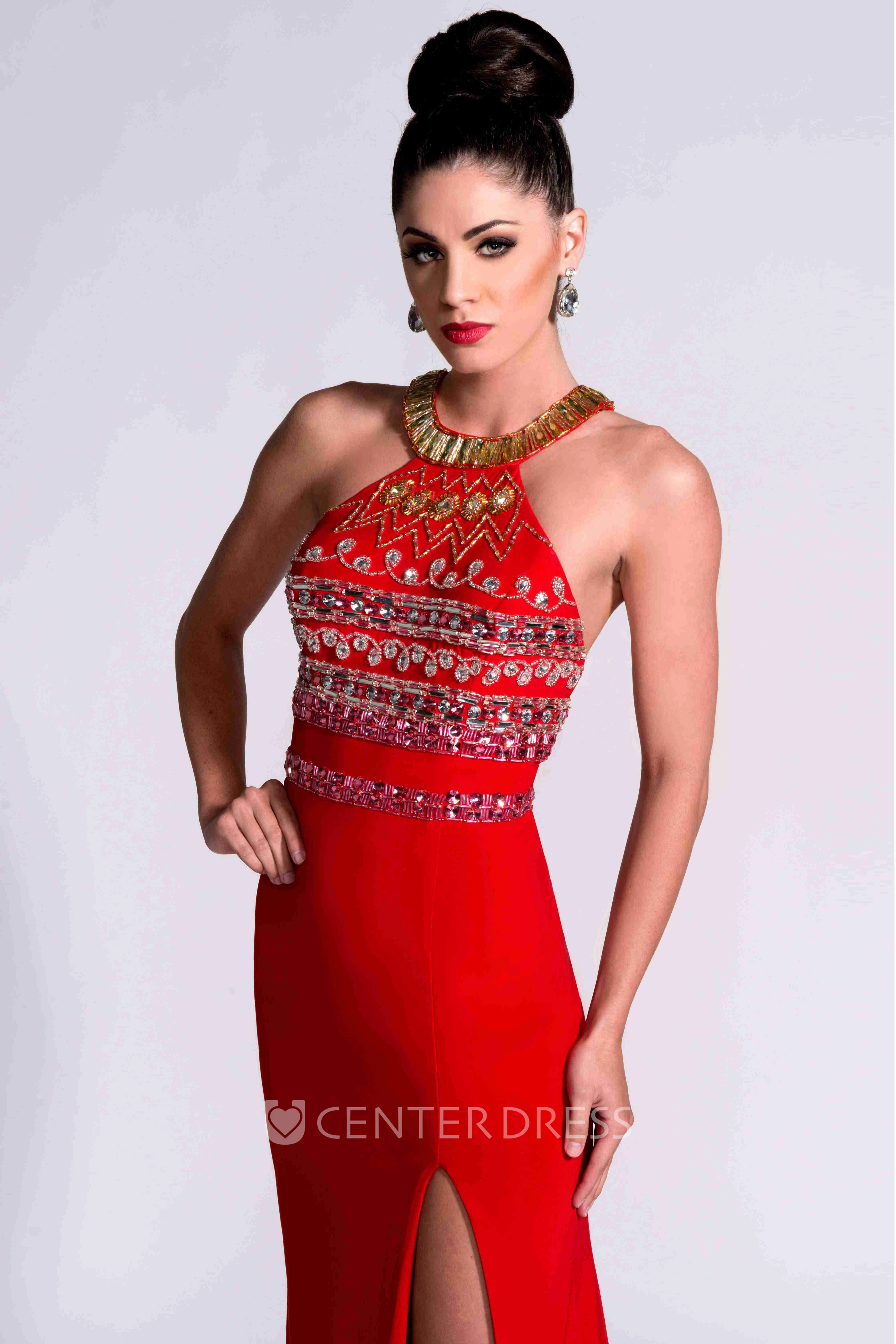 Crystal Detailed Bodice Jersey Prom Dress With Back Straps