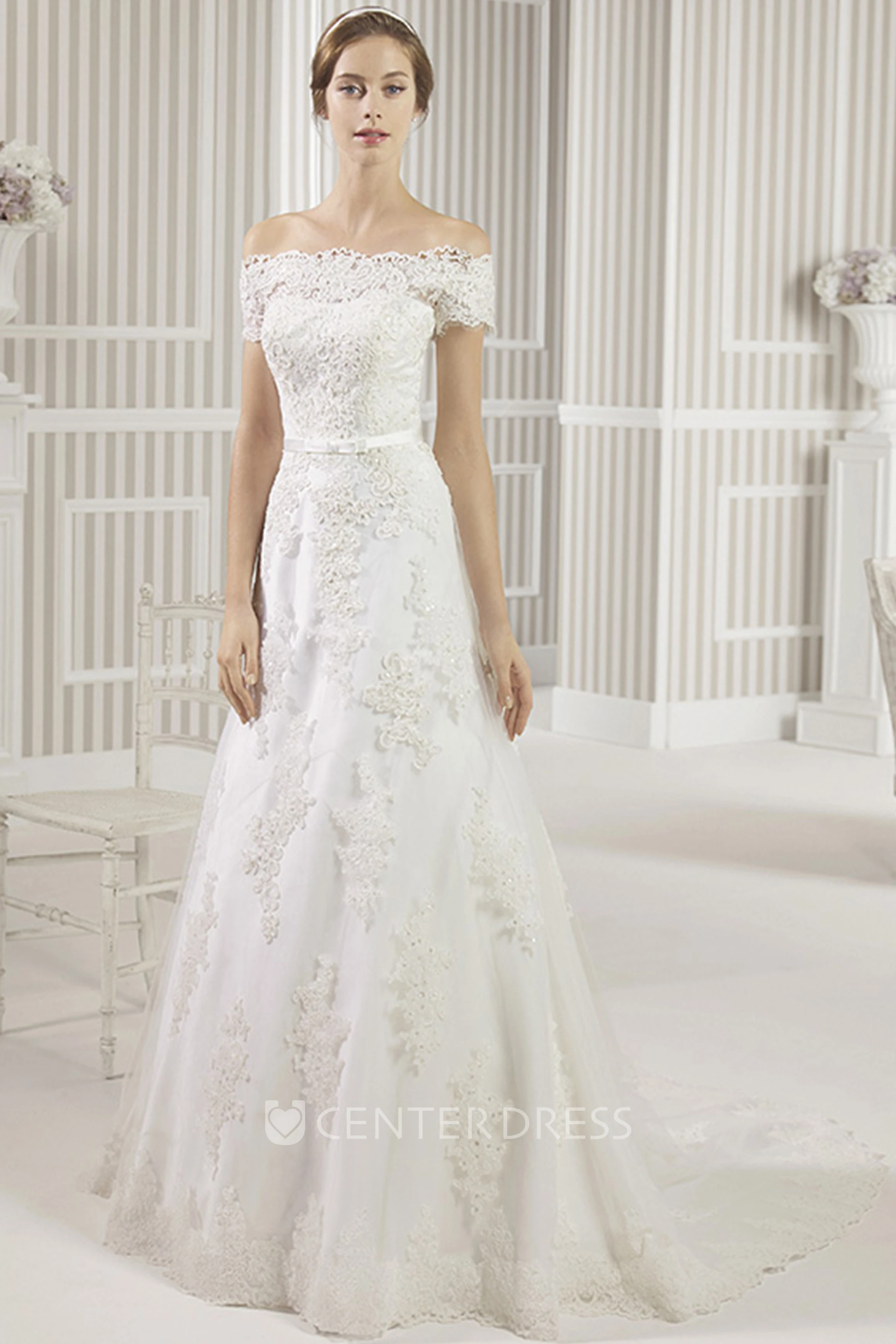 A-Line Appliqued Off-The-Shoulder Lace Wedding Dress
