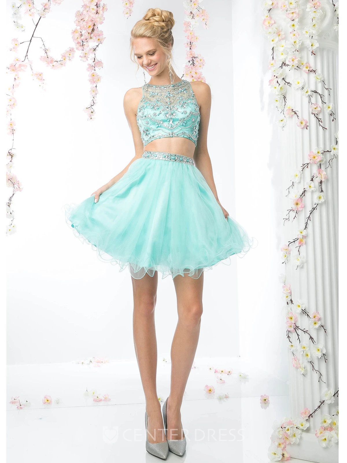 A-Line Short Jewel-Neck Sleeveless Tulle Illusion Dress With Ruffles And Beading