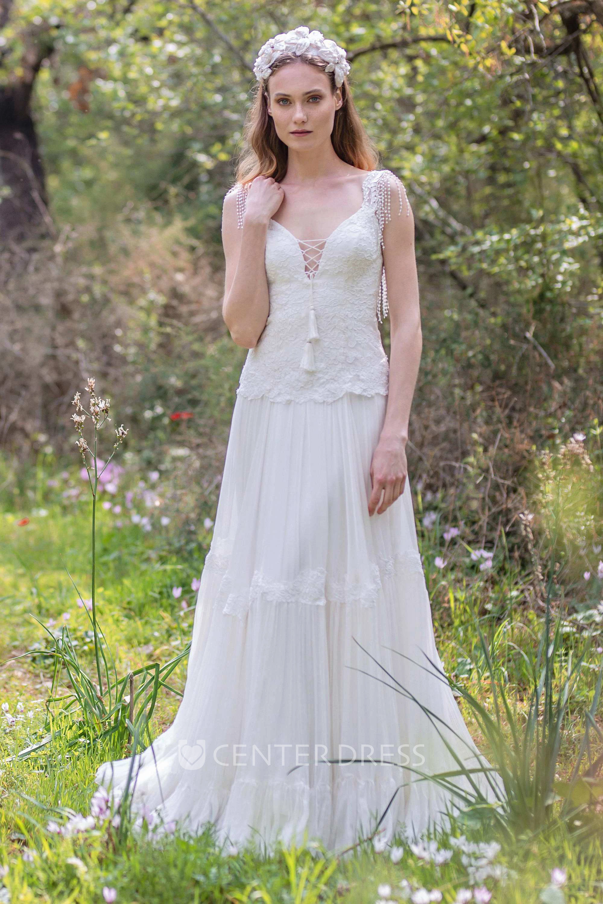 Plunged A-Line Pleated Wedding Dress With Appliques And Beading