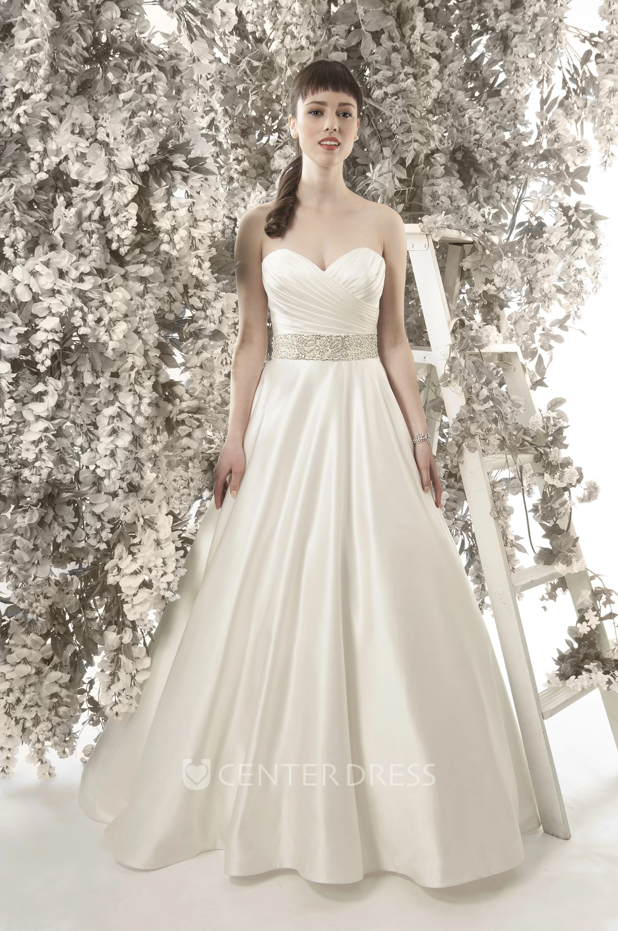A-Line Floor-Length Sweetheart Jeweled Sleeveless Satin Winter Wedding Dress