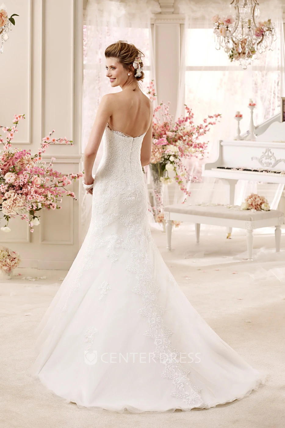 Classic Strapless Sheath Lace Gown With Appliques And Brush Train