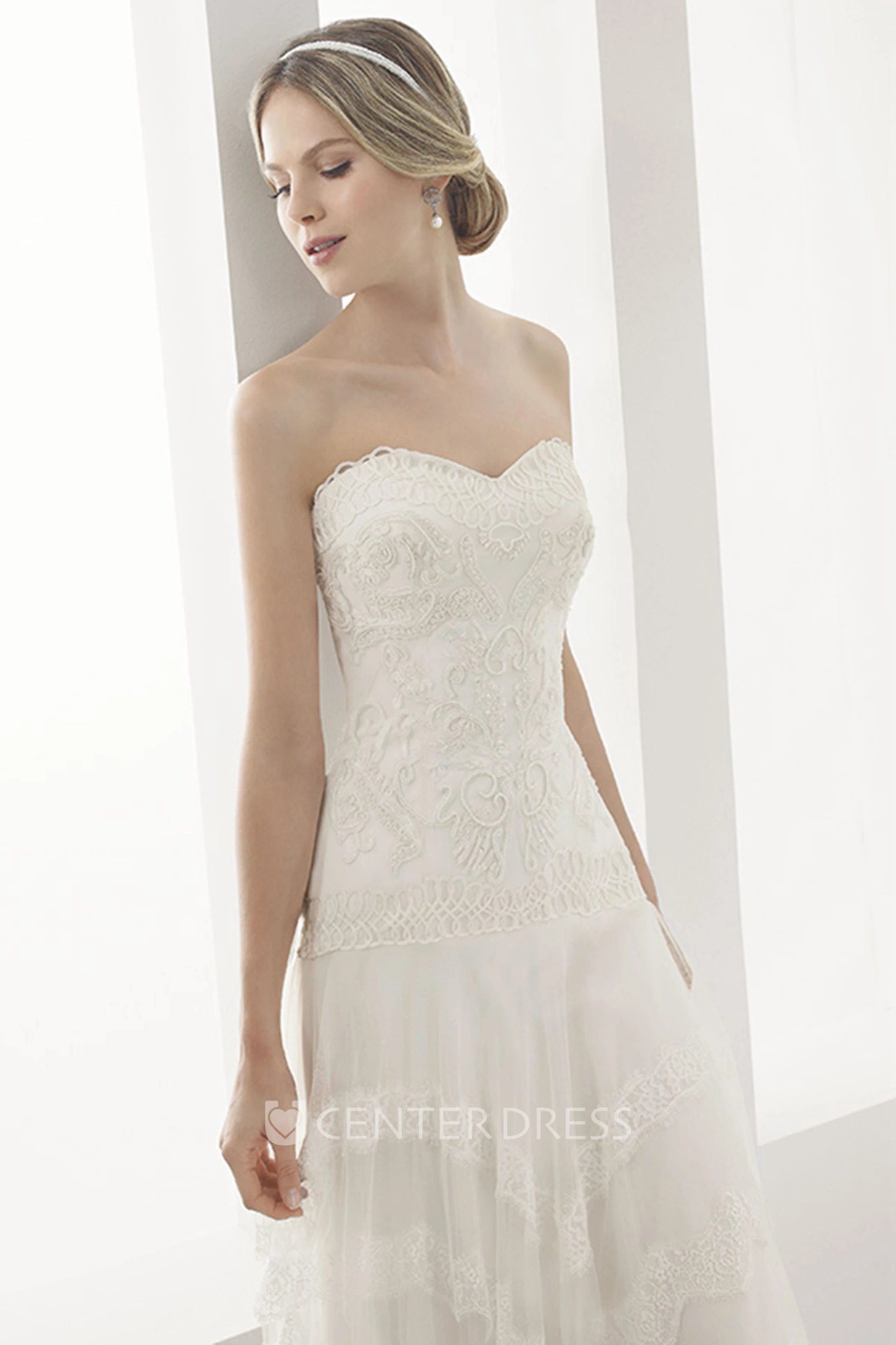 Sweetheart Drop Waist A-Line Gown With Embroidered Bodice And Layered Skirt