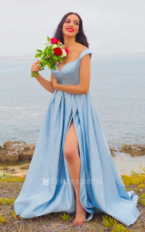A Line Sleeveless Satin Sexy Prom Dress with Pockets and Ruffles