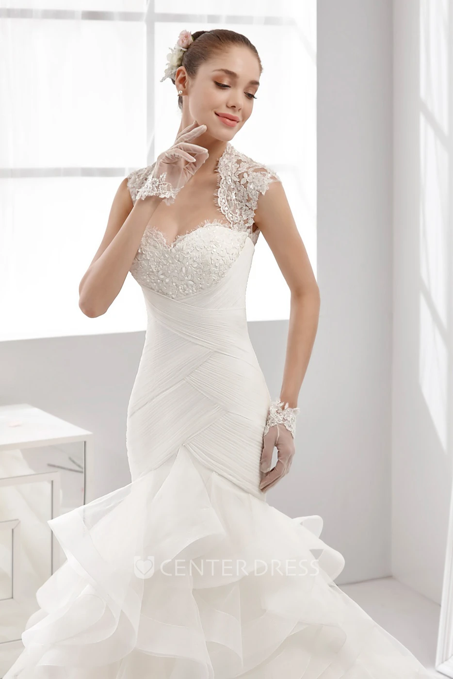 Sweetheart Mermaid Wedding Gown with Queen Anna Neckline and Ruching Train 