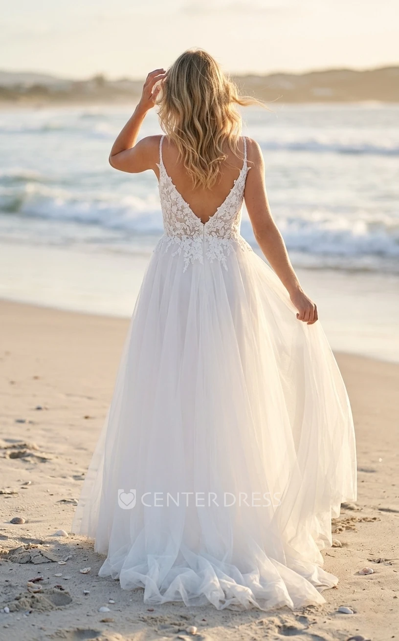 Rustic Lace A-Line Spaghetti Wedding Dress Sleeveless Deep V-Neck Elopement Bridal Gown