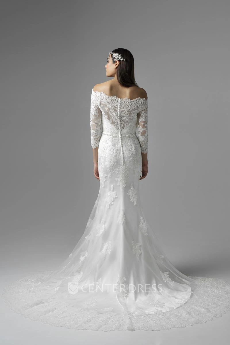 Trumpet Sleeveless Floor-Length V-Neck Appliqued Lace Warm Wedding Dress With Court Train And Deep-V Back