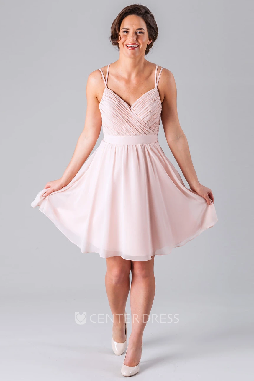 Short Criss-Cross Spaghetti Sleeveless Chiffon Bridesmaid Dress With Straps
