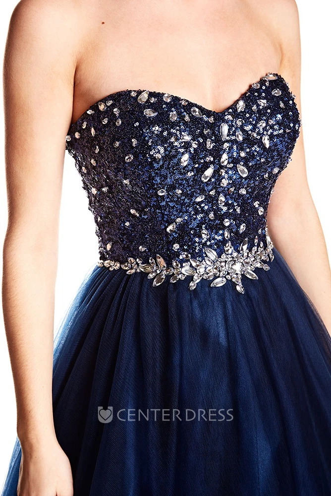 Sweetheart Floor-Length Beaded Tulle Prom Dress With Waist Jewellery And Lace Up