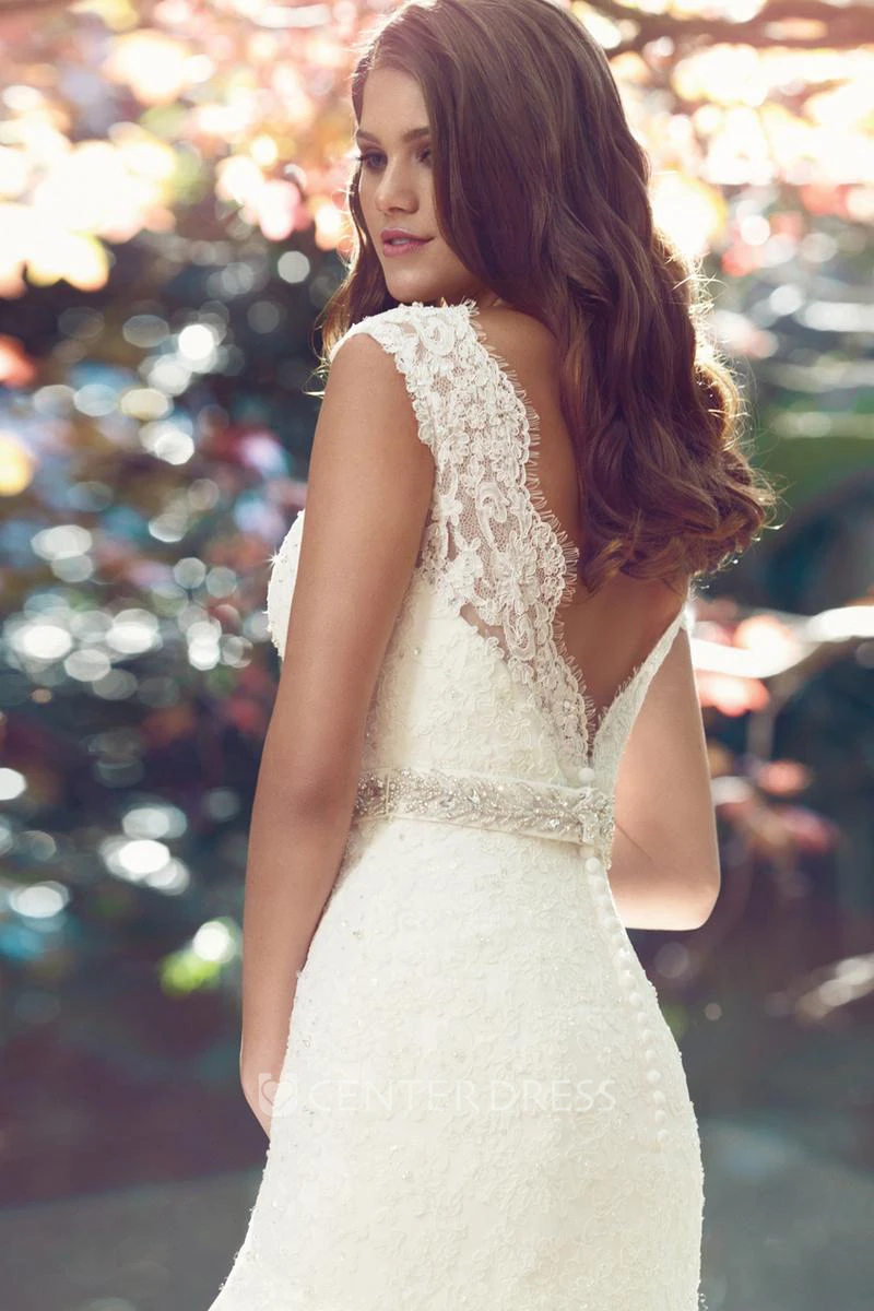 Mermaid Cap-Sleeve Jeweled V-Neck Lace Wedding Dress
