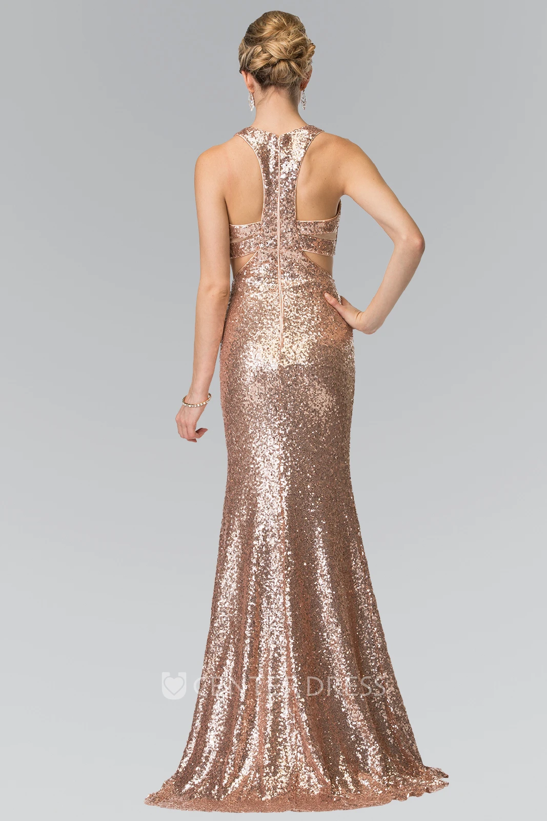 Two-Piece Sheath Maxi Scoop-Neck Sleeveless Sequins Zipper Dress