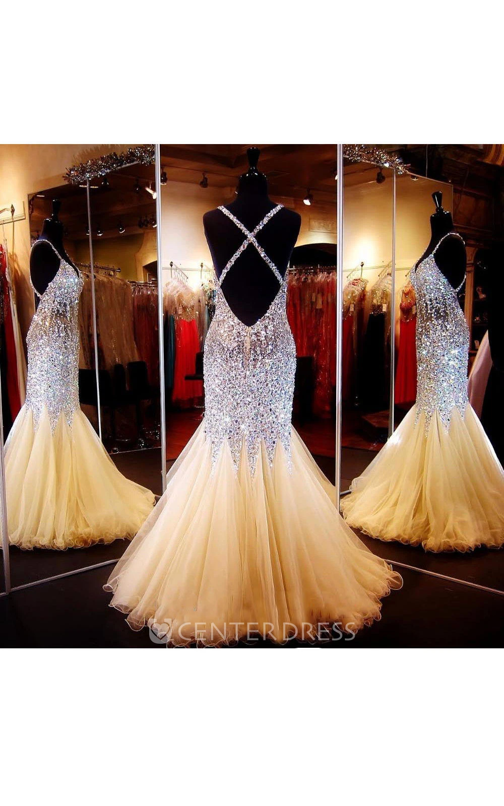 Sleeveless Tulle Sequins Dress with Spaghetti Straps