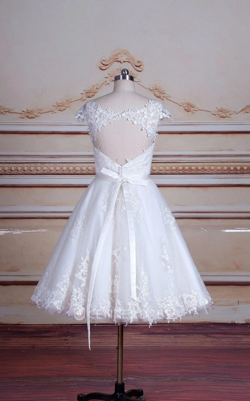 Short Tea-Length Cap Sleeve Tulle Lace Satin Dress With Keyhole Back