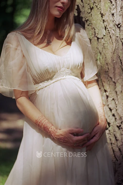 A-Line Court Train Short Sleeve Empire Maternity Wedding Dress