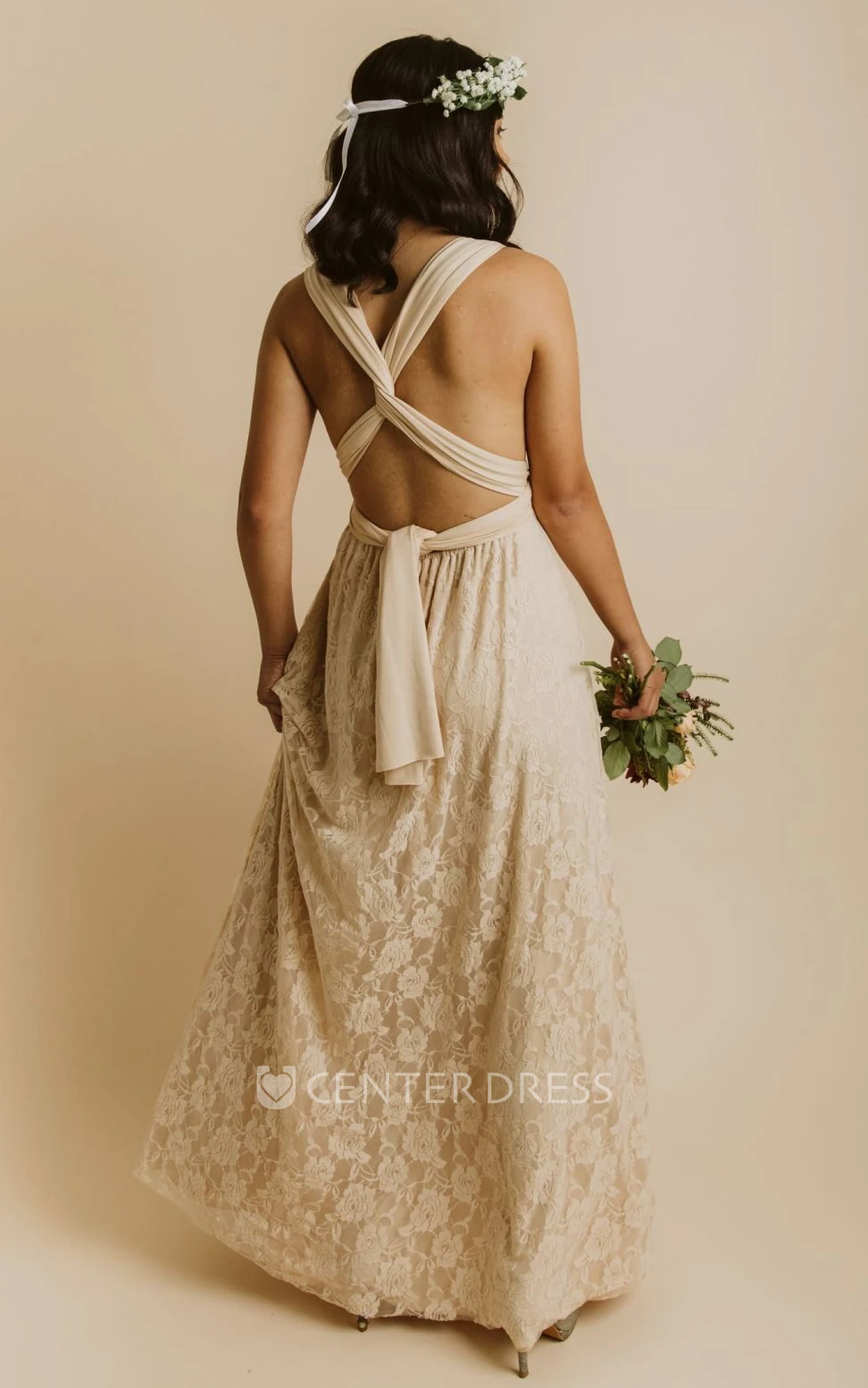 Simple Informal Convertible Straps A-Line Jersey Lace Bridesmaid Dress With Open Back And Sash