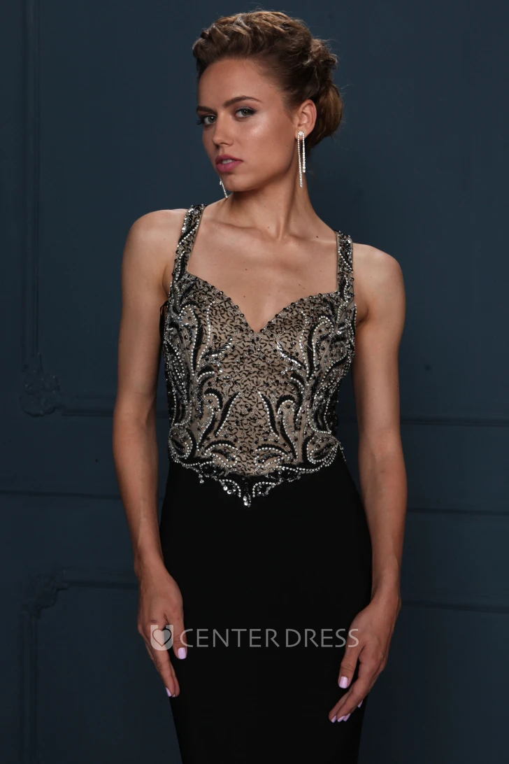 Long Beaded Jersey Evening Dress With Sweep Train And Straps