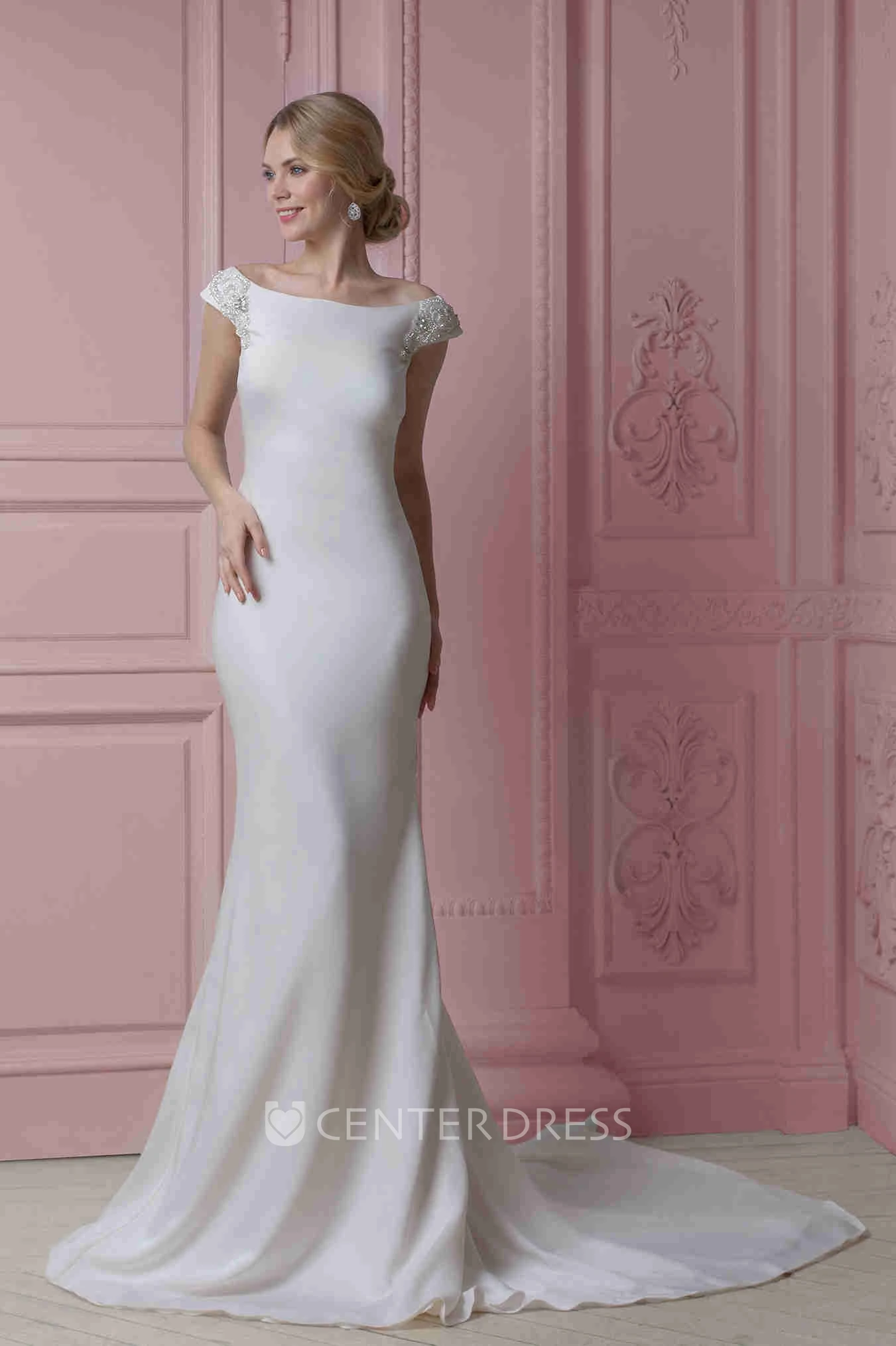 Sheath Cap-Sleeve Off-The-Shoulder Chiffon Wedding Dress With Beading And Deep-V Back