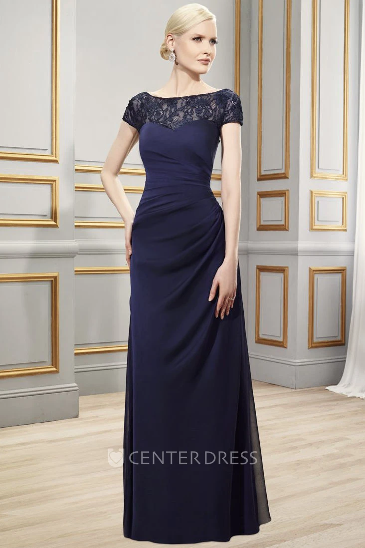 Sheath Bateau Short-Sleeve Appliqued Long Chiffon Formal Dress With Illusion Back And Side Draping