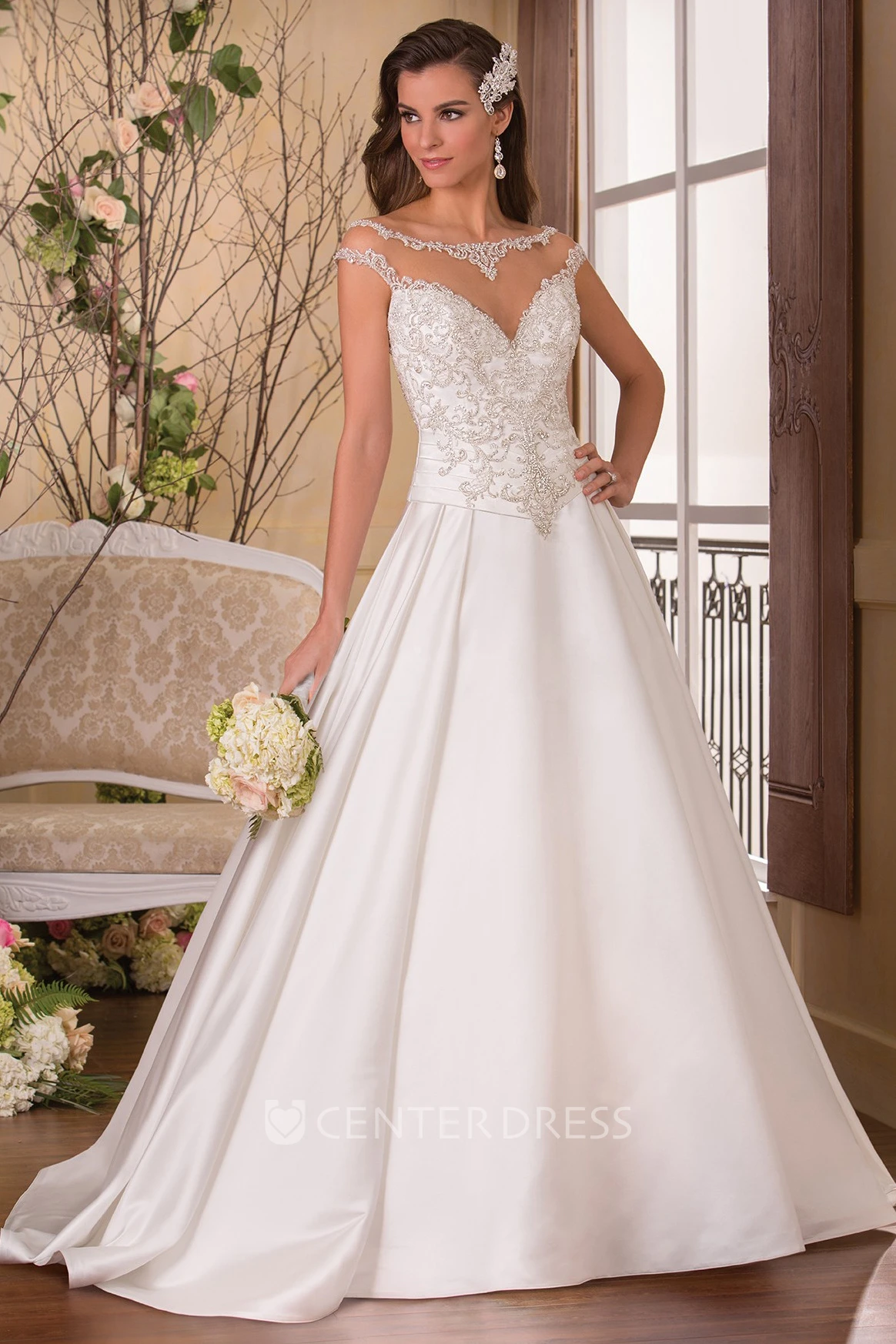 Cap-Sleeved Bateau-Neck A-Line Wedding Dress With Jeweled Illusion Neck