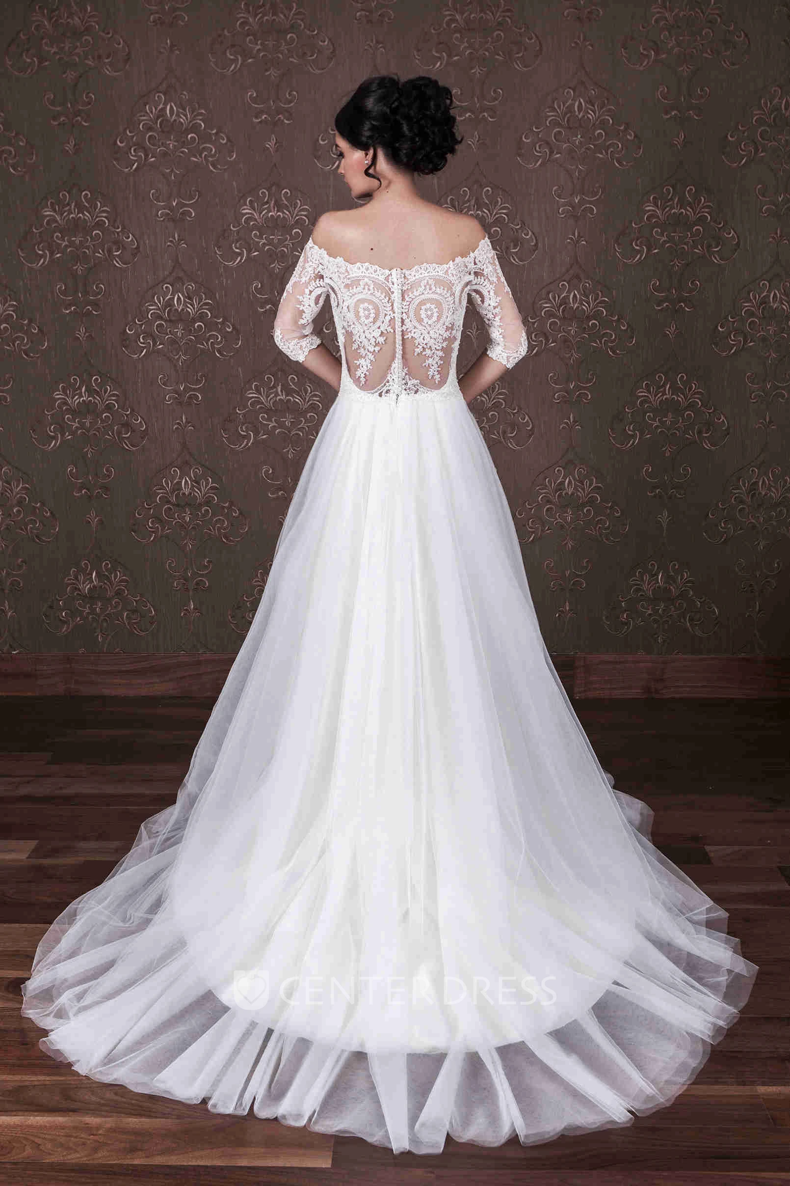 A-Line Long Half-Sleeve Off-The-Shoulder Tulle Wedding Dress With Appliques And Illusion