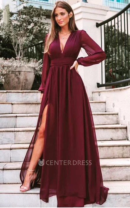 V-neck Chiffon Long Sleeve Floor-length A Line Formal Dress with Split  Front - UCenter Dress