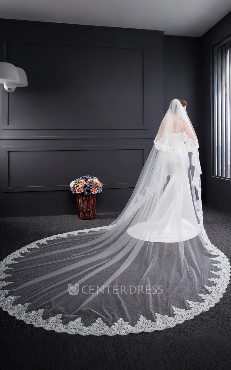 Floral Bohemian Two-Tier Lace Edge Long Cathedral Length WeddingVeils with Comb