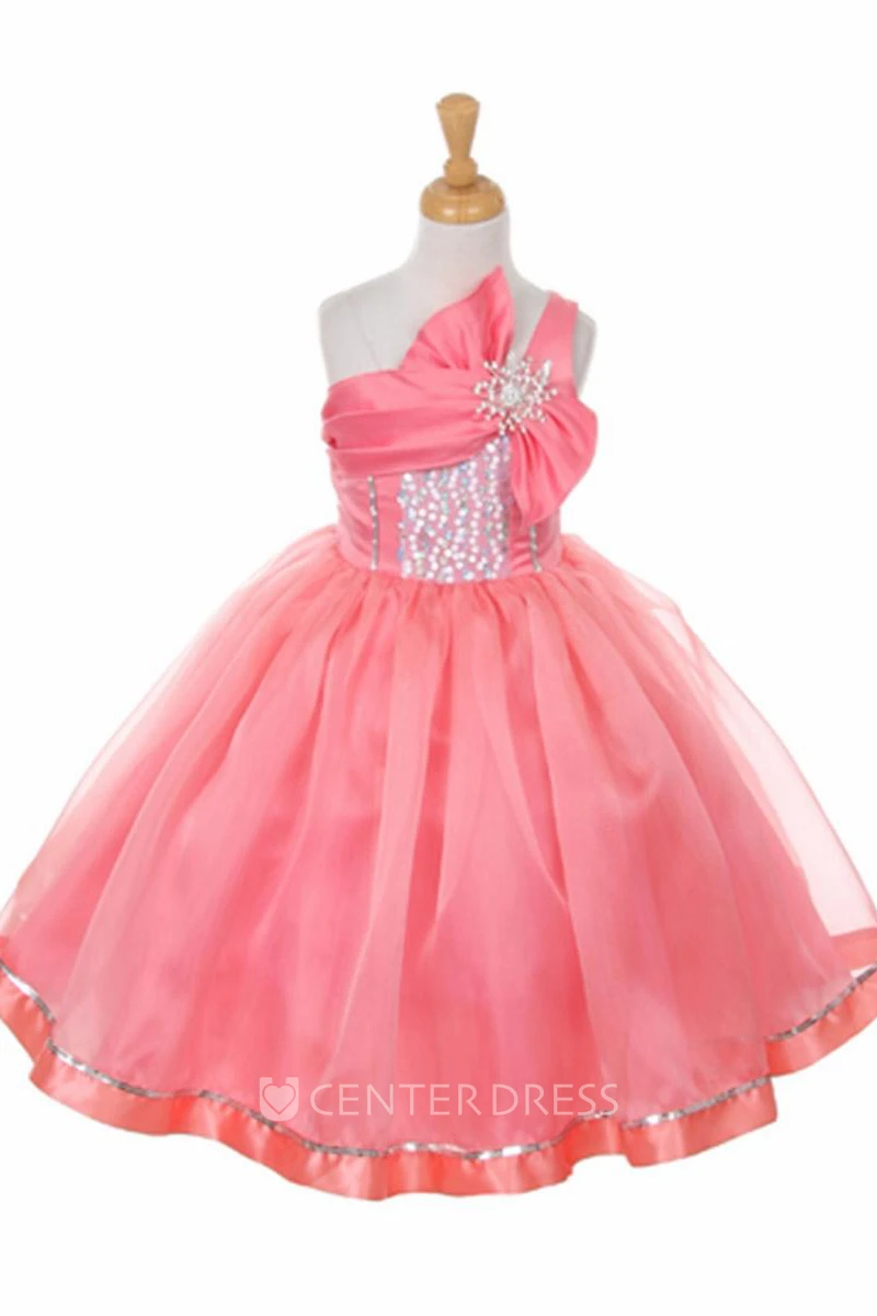 Broach Tea-Length Tiered Bowed Sequins&Organza Flower Girl Dress With Ribbon