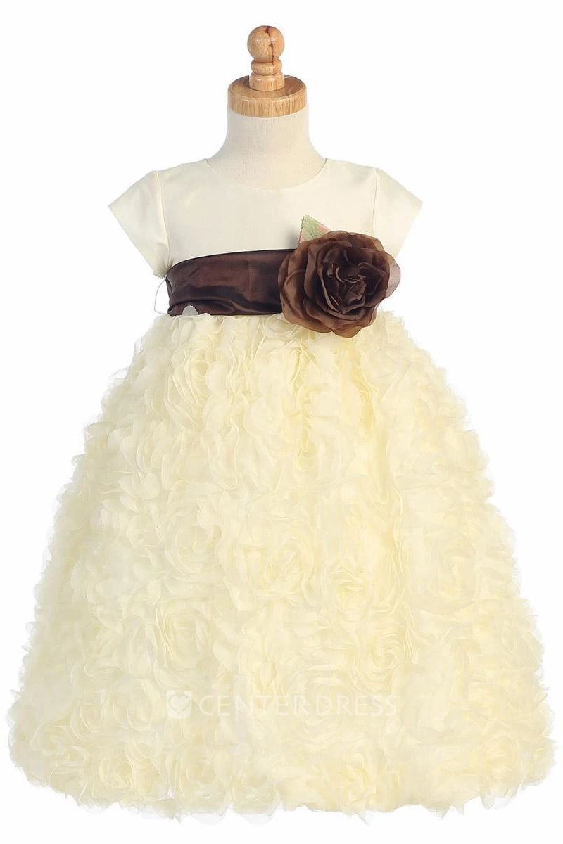 Ankle-Length Tiered Cap-Sleeve Tulle&Taffeta Flower Girl Dress