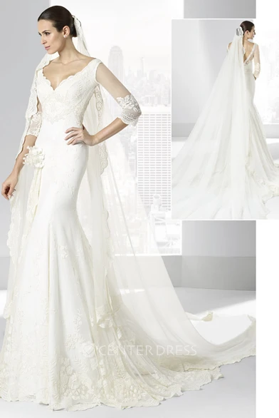 Trumpet V-Neck Long Half-Sleeve Lace Wedding Dress With Appliques And Deep-V Back