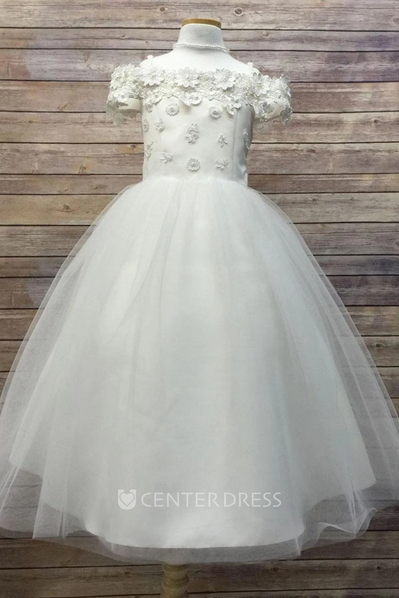 Tea-Length Embroideried Appliqued Floral Tulle&Satin Flower Girl Dress With Sash