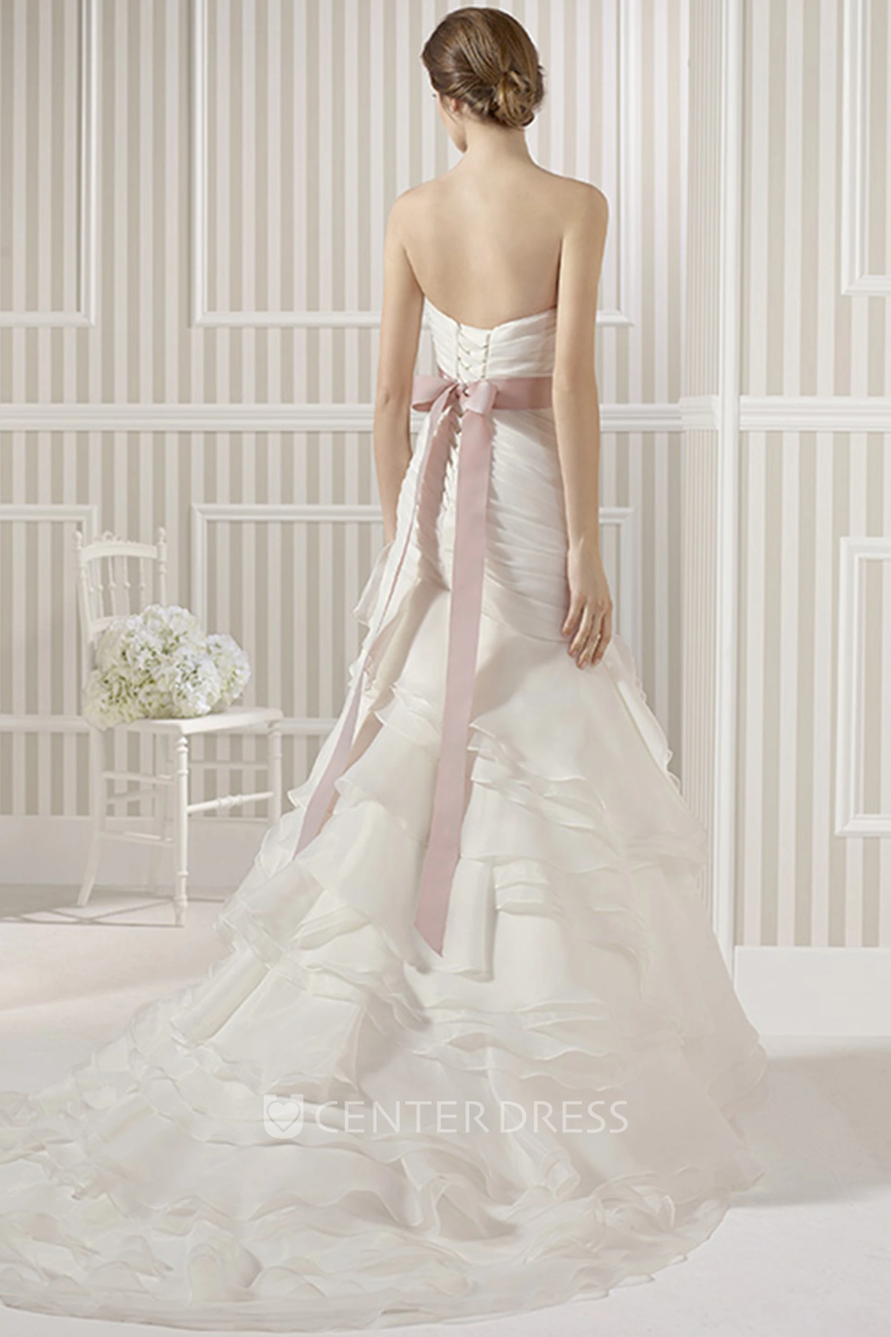A-Line Sweetheart Long Organza Wedding Dress With Criss Cross And Tiers