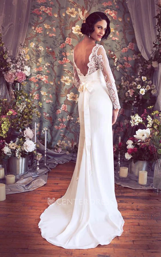 V-Neck Low-V Back Sheath Satin Wedding Dress With Sash And Flower
