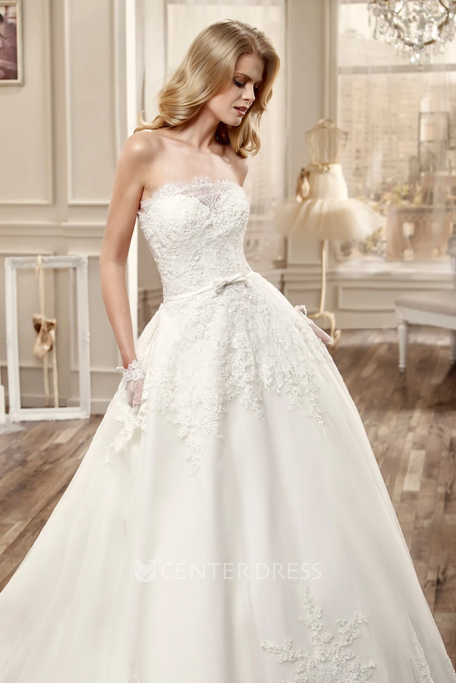 Strapless A-Line Wedding Dress With Embroidery And Brush Train