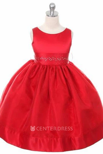 Tea-Length Beaded Sleeveless Organza&Satin Flower Girl Dress
