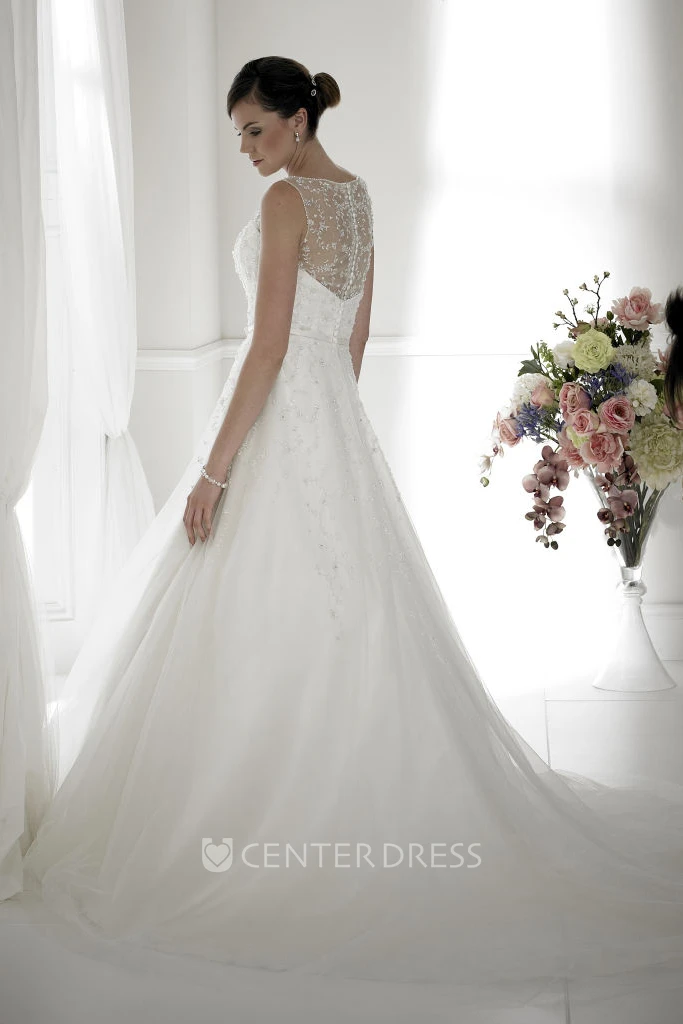 Ball-Gown Sleeveless Long Scoop Beaded Tulle Wedding Dress With Illusion Back And Chapel Train