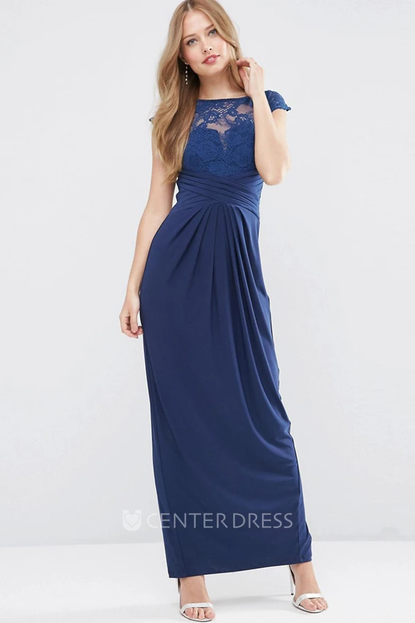 Sheath Cap-Sleeve Maxi Appliqued Bateau-Neck Chiffon Bridesmaid Dress With Split Back