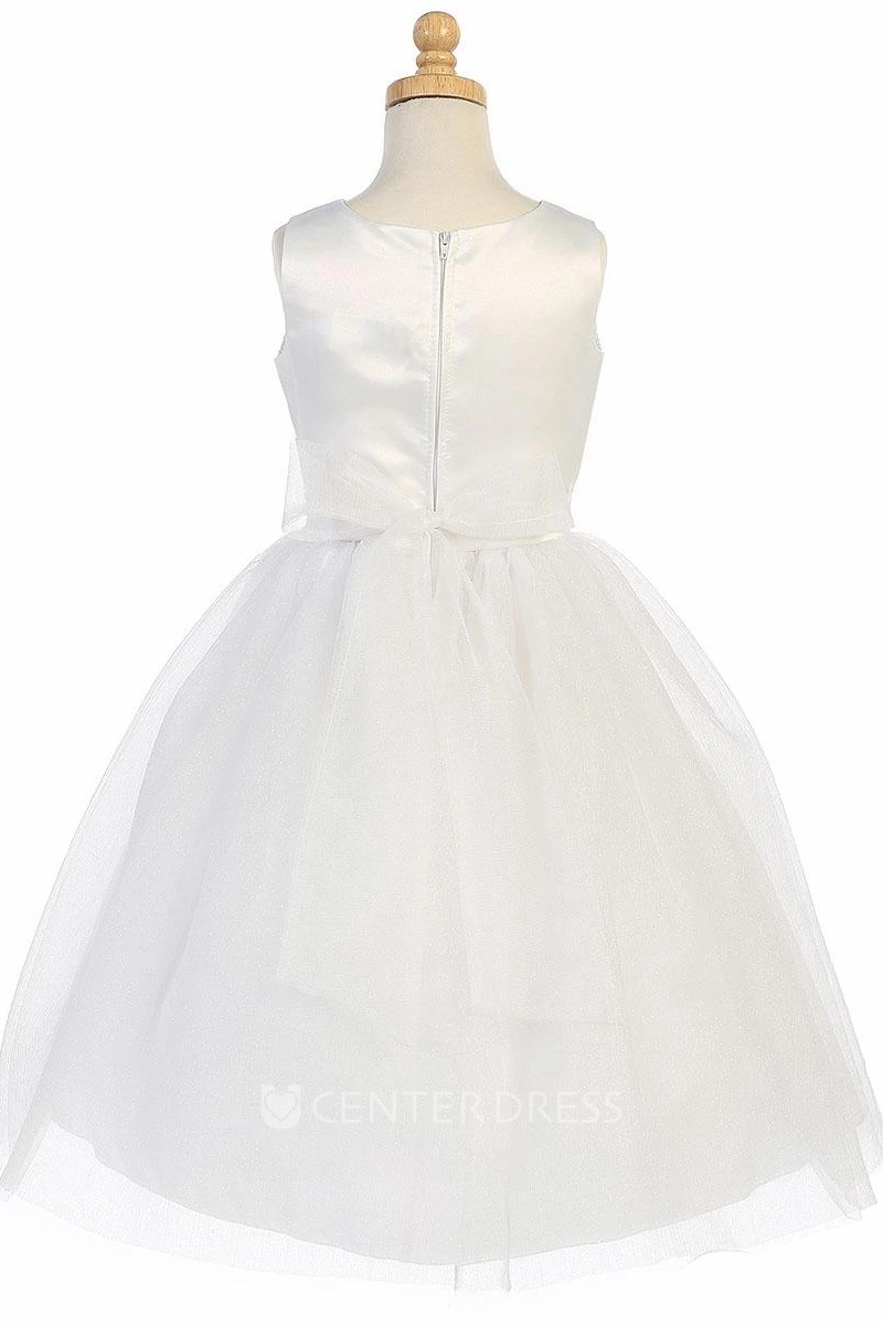 Tea-Length Floral Beaded Appliqued Tulle&Lace Flower Girl Dress With Tiers