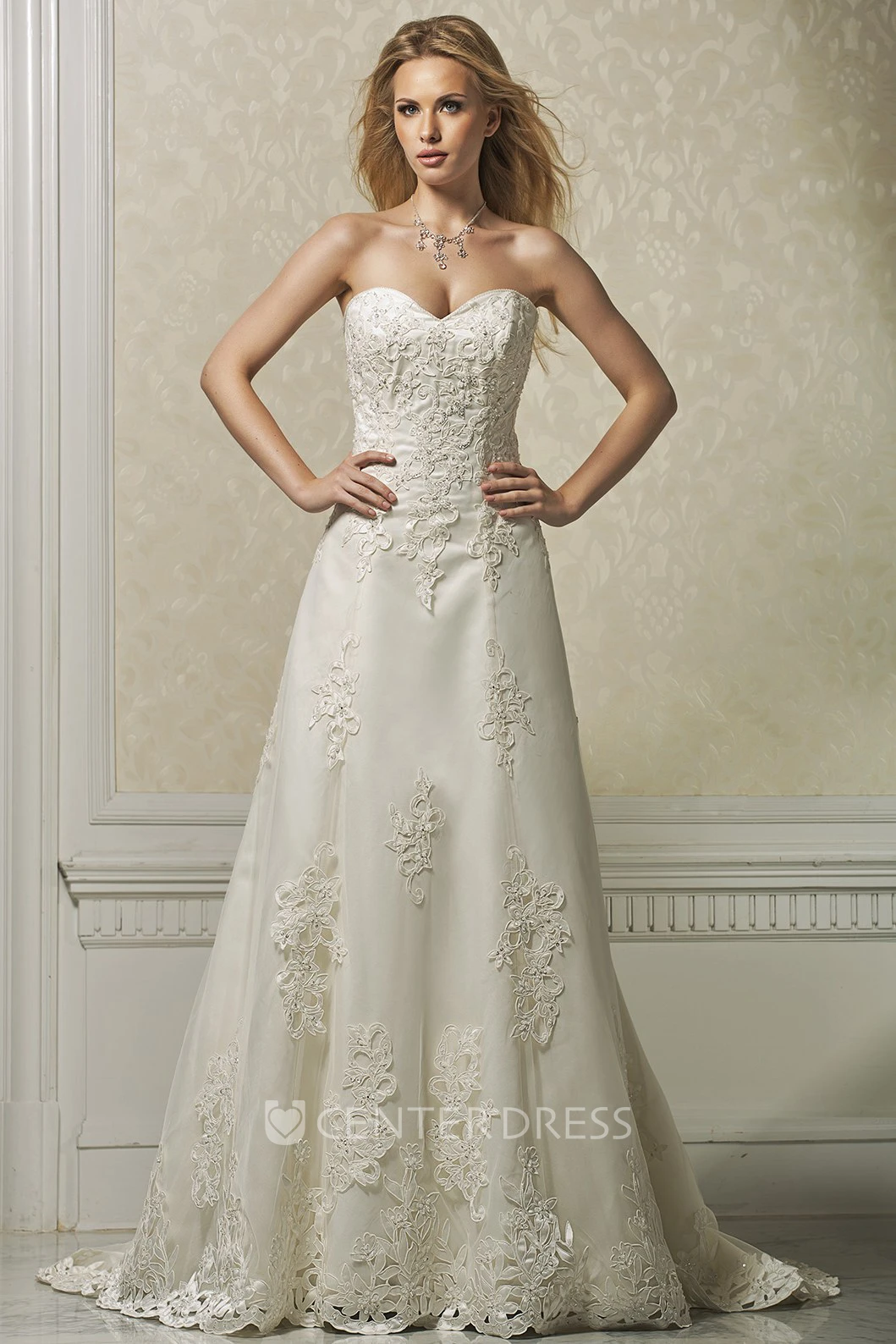 A-Line Appliqued Sweetheart Long Sleeveless Satin&Lace Wedding Dress