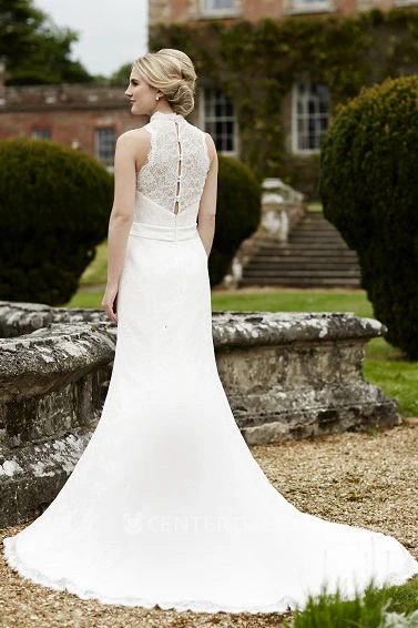High Neck Long Floral Lace Wedding Dress With Court Train