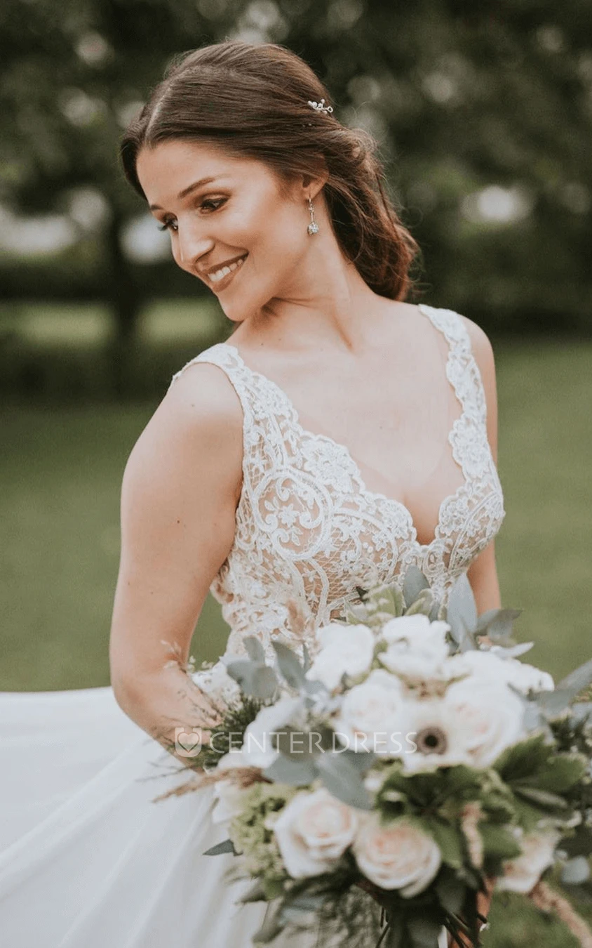 Modern Chiffon and Lace V-neck Floor-length Court Train Sleeveless A Line Wedding Dress
