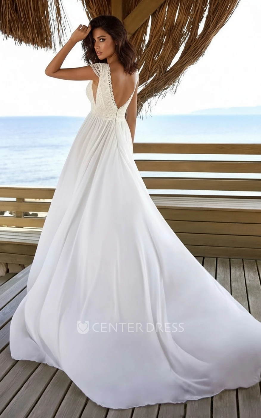 Boho A-Line Beach Wedding Dress Casual Cap Sleeves Lace Plunging V Neck Bridal Gown