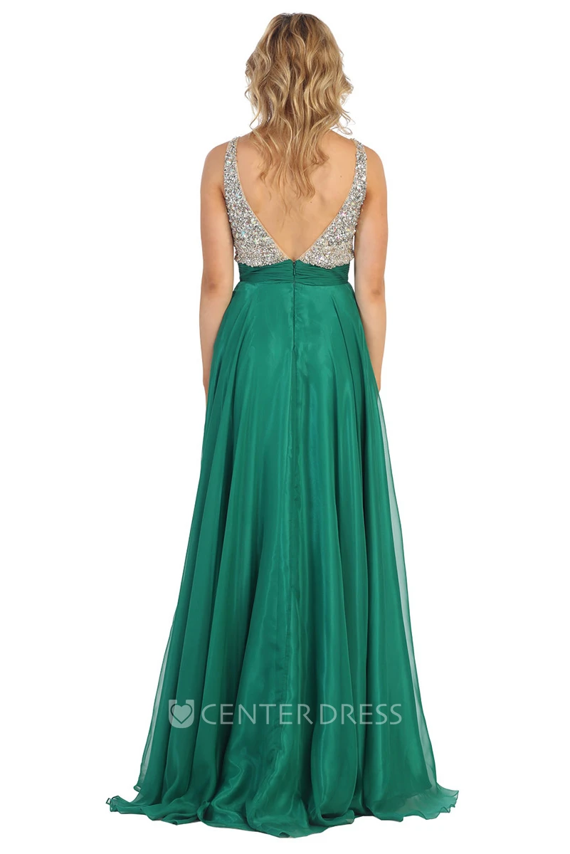 A-Line Maxi V-Neck Sleeveless Chiffon Deep-V Back Dress With Beading And Pleats