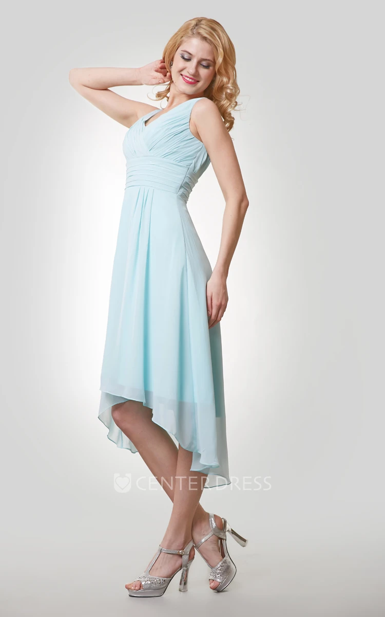 High-Low V-Neck Chiffon Sleeveless Bridemaid Dress With Ruching