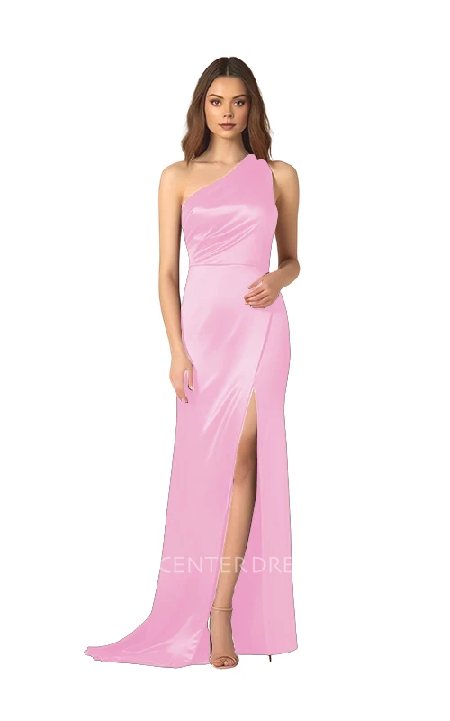 One-Shoulder Satin Sheath Bridesmaid Dress with Front Split Ethereal & Elegant