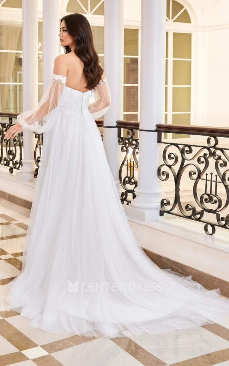 Modern Floral A-Line Boho Lace off the Shoulder Floor Length Spring Wedding Dress Ethereal Elegant Ballon Sleeve Plunging Neckline Sweep Train Bridal Gown