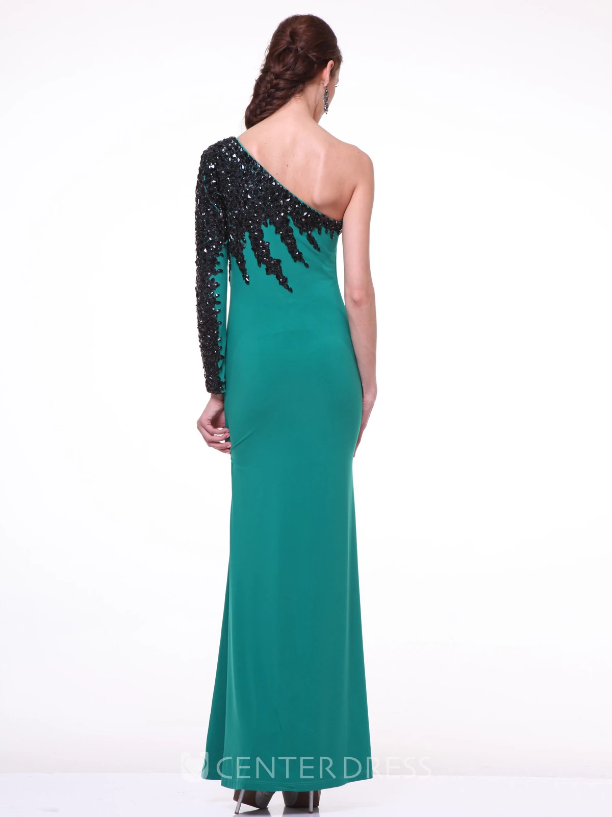 Pencil High-Low One-Shoulder Long Sleeve Jersey Dress With Beading
