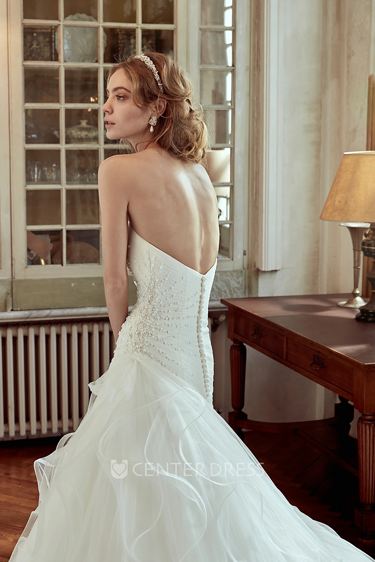 Strapless Wedding Dress With Side Draping and Pearl Embellishment 