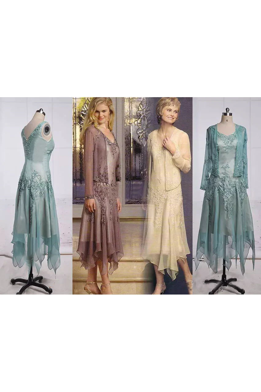 Women Low-V Back V-neck Satin Tulle Vintage Two Piece Appliques Dress With Jacket