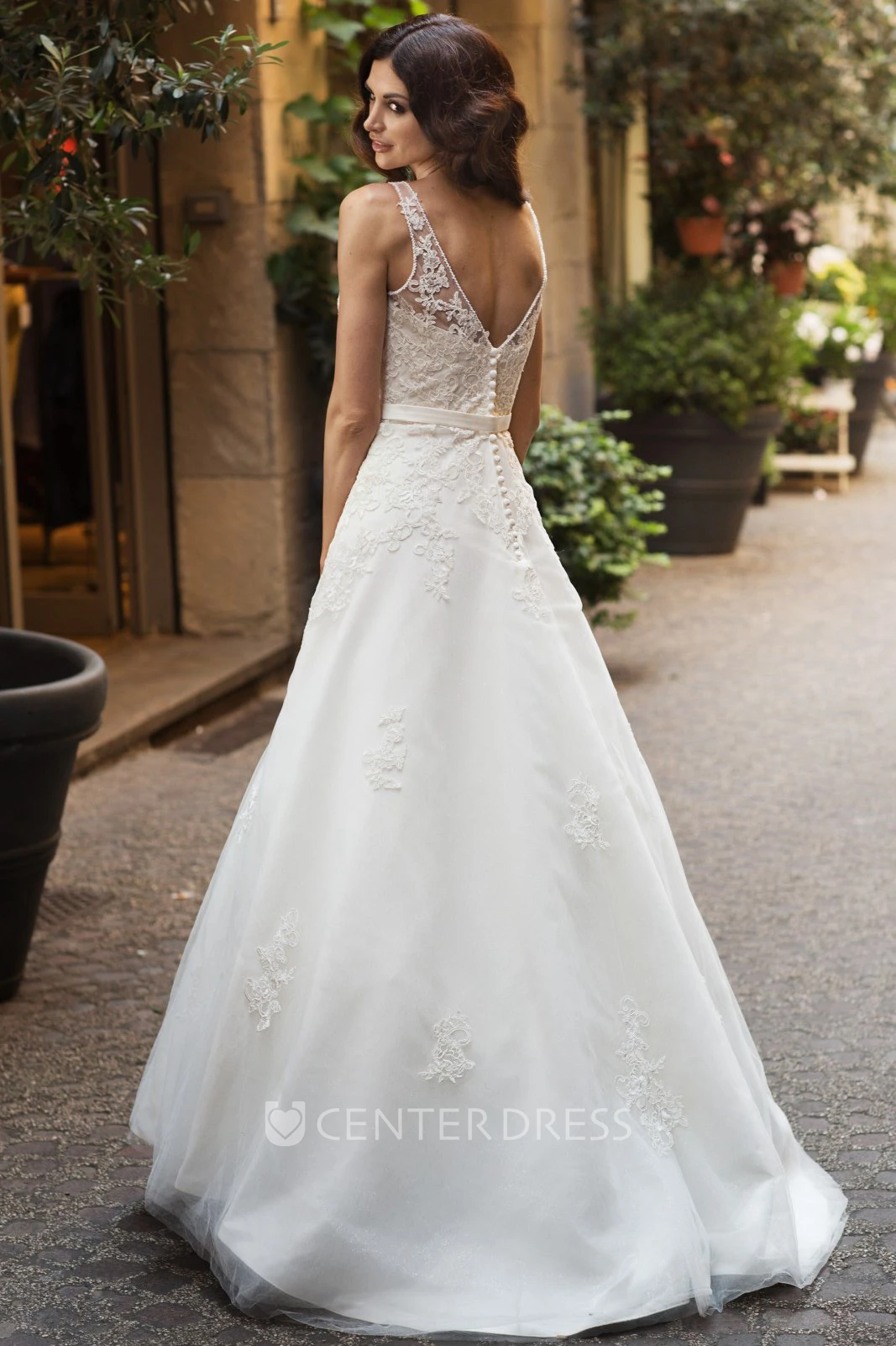 A-Line V-Neck Sleeveless Appliqued Long Lace&Satin Wedding Dress
